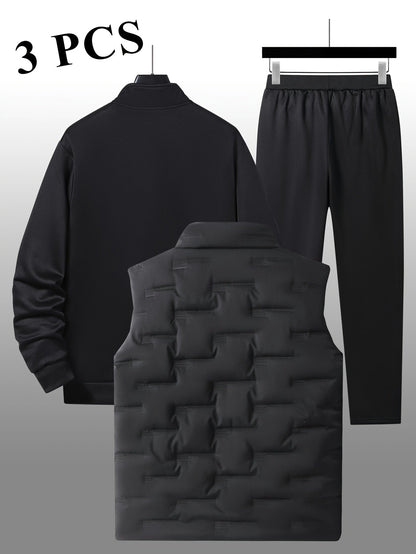 Herren 3-teiliges Sportoutfit mit Stehkragen-Trainingsjacke, Jogginghose und Steppweste