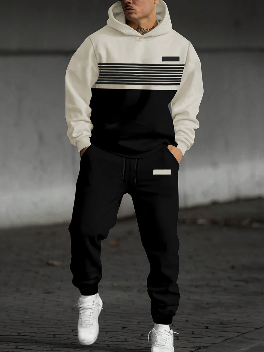 Herren Trainingsanzug Hoodie & Jogginghose Zweiteiler Grau Schwarz mit Streifen