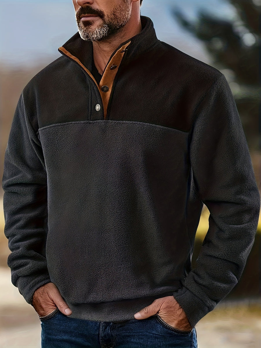 Herren Fleece Pullover mit Stehkragen und Knopfleiste - Zweifarbig