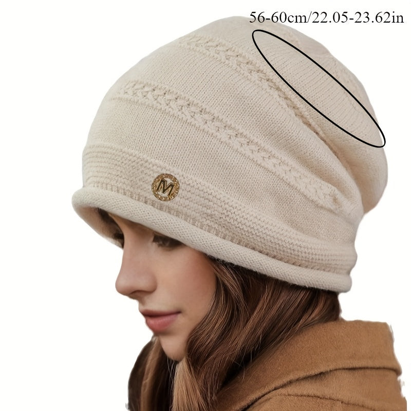 Slouchy Beanie Mütze Damen Strickmütze Beige mit Muster weiches Innenfutter