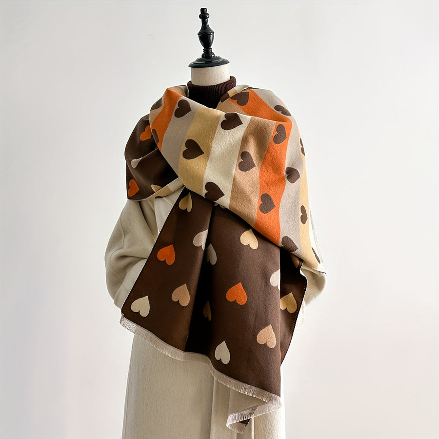 Weicher Schal mit Herzchenmuster – Warmer Winterschal mit Fransenenden
