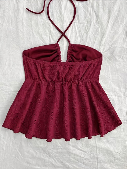 Damen Halter Babydoll Top mit Stickerei – Romantischer Vintage-Look für Freizeit & Urlaub