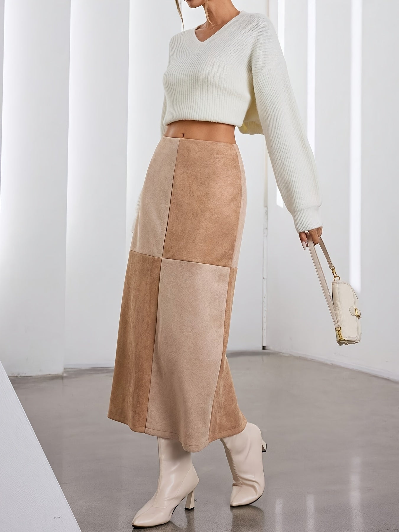 Damen Midi-Rock Patchwork A-Linie Zweifarbig mit hohem Bund