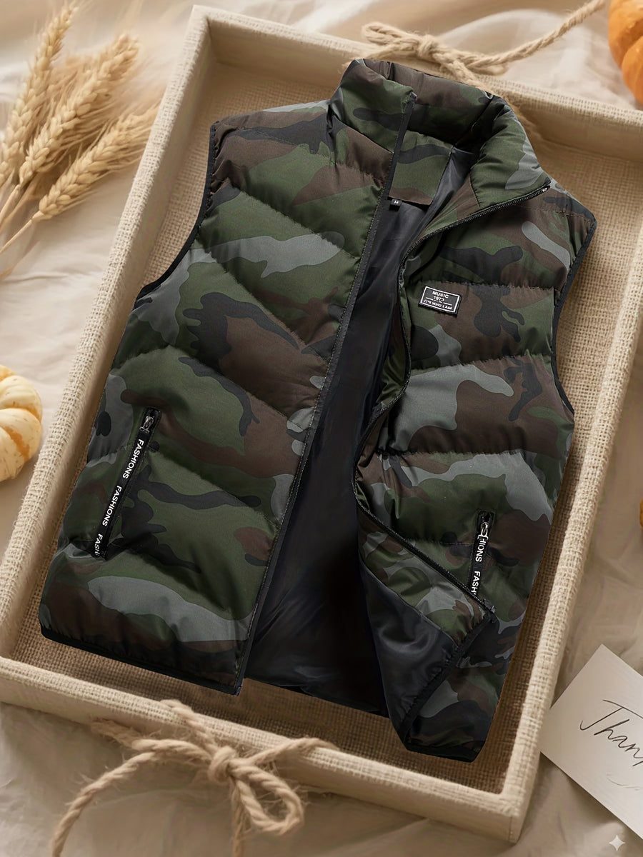 Unisex Camouflage Weste Stehkragen Gesteppt Gefüttert Reißverschluss Outdoor Alltagsmode