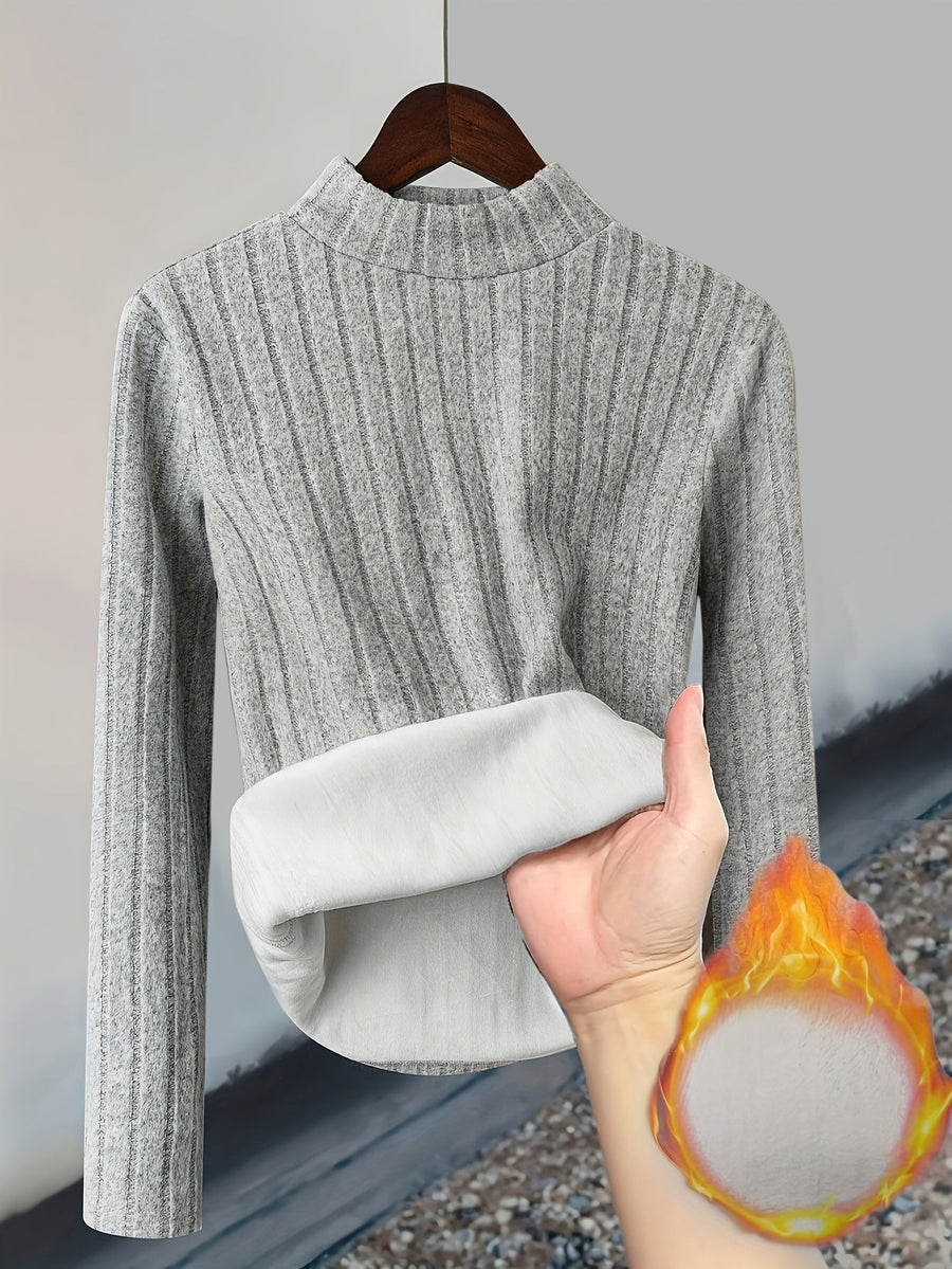 Gerippter Damen Pullover mit hohem Kragen und warmem Fleecefutter, Langarm, Slim Fit