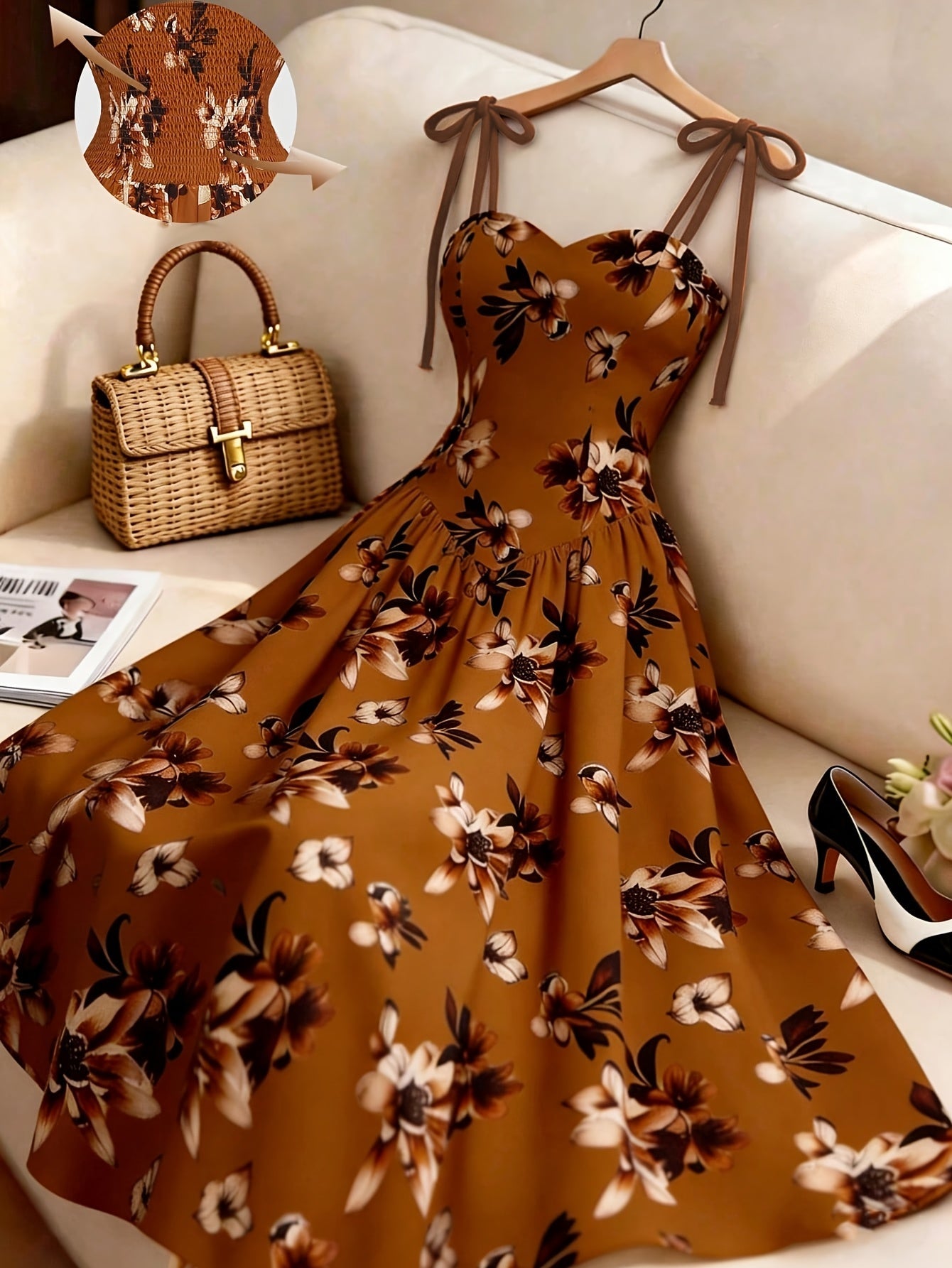Damen Midikleid mit Blumenmuster und Schleifen-Trägern – Elegantes A-Linienkleid für besondere Anlässe
