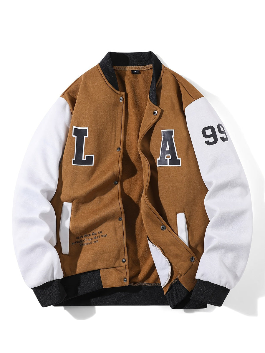 College Jacke Unisex mit Kontrastärmeln Druckknopfverschluss und Schriftzug