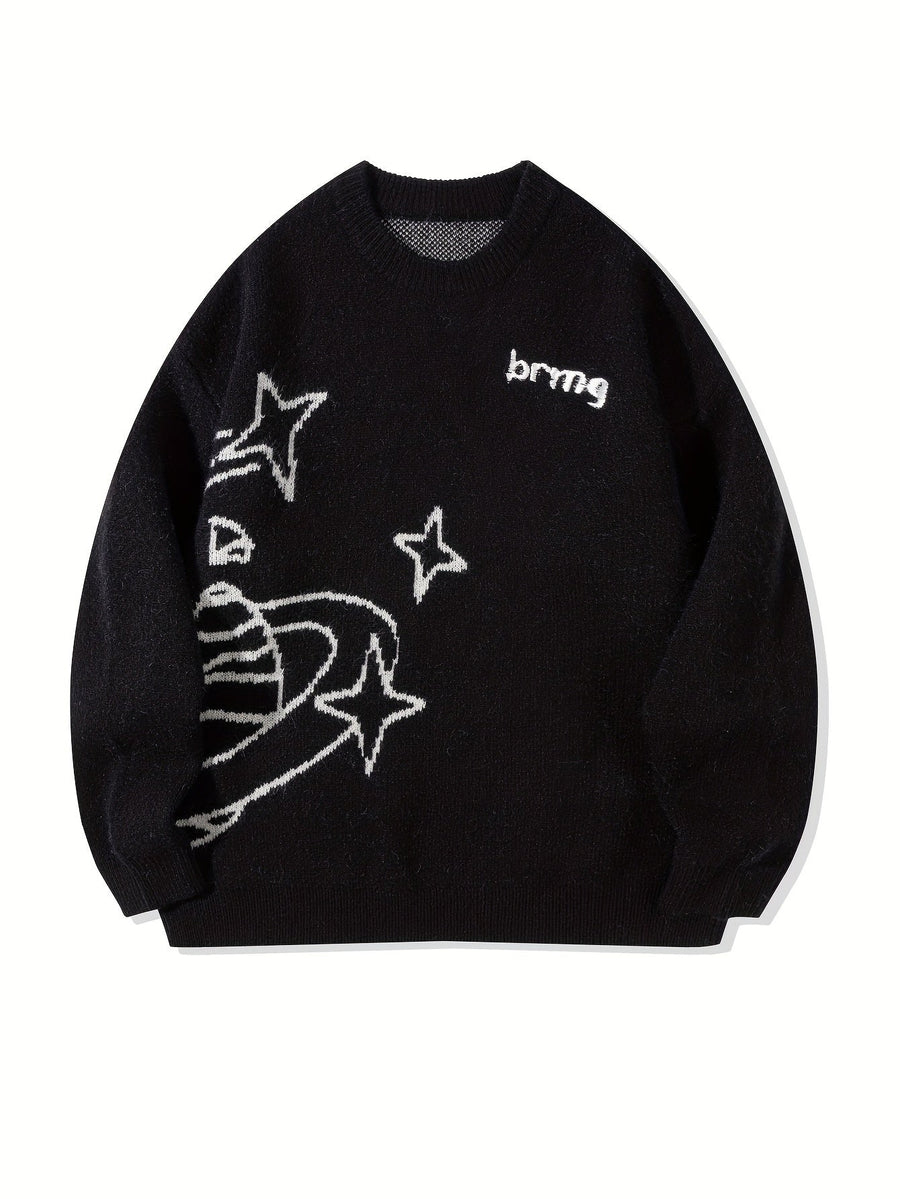 Unisex Strickpullover Rundhals mit Planeten- & Sternenmuster, Weit Geschnitten