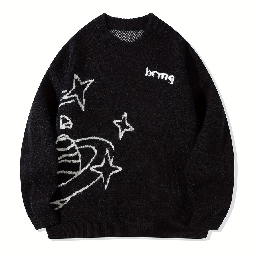 Unisex Strickpullover Rundhals mit Planeten- & Sternenmuster, Weit Geschnitten