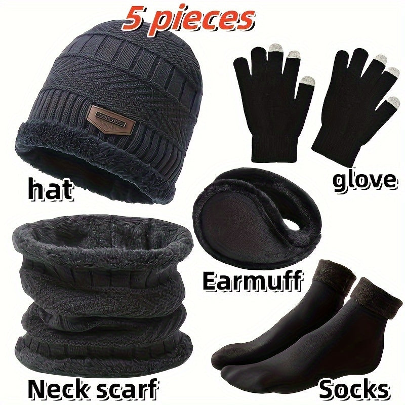 Winterset met muts, sjaal, handschoenen, oorwarmers en gebreide, gevoerde sokken, donkerblauw