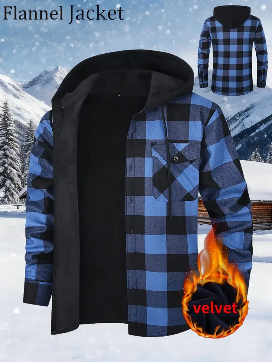 Herren Kariertes Flanell Hemd Jacke mit Kapuze und warmer Fütterung