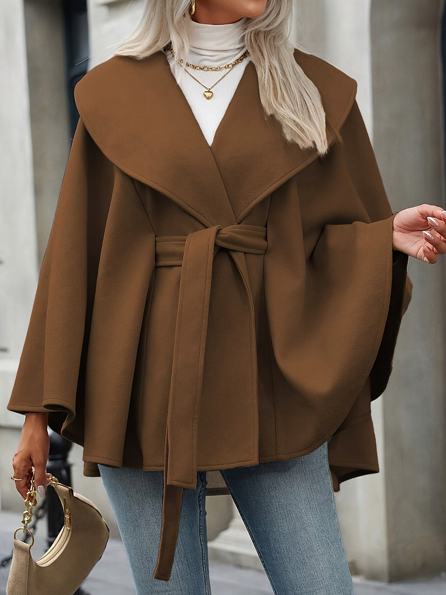 Damen Cape Mantel mit Bindegürtel, Wickelkragen und weitem Schnitt