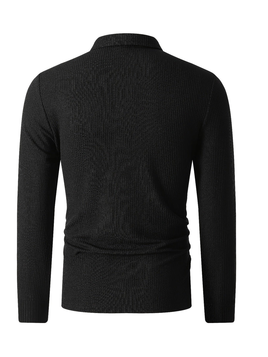 Herren Rippstrick Polo-Pullover mit Reißverschluss, Langarm