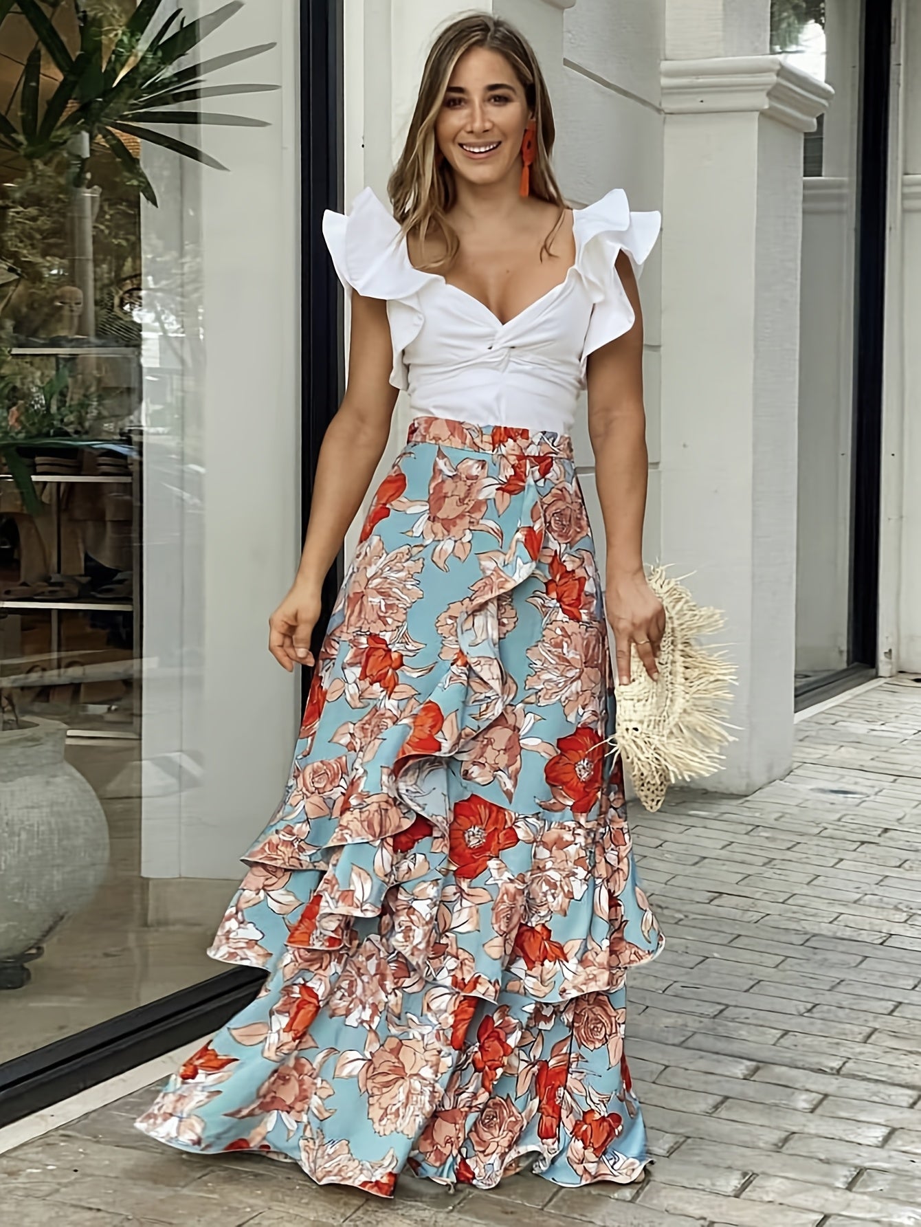 Damen Maxirock mit floralem Muster und Volants – Eleganter Wickelrock für festliche Anlässe und Freizeit