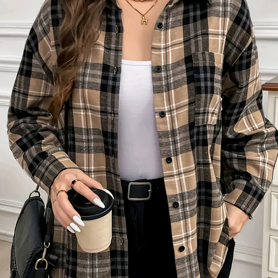 Damen Kariertes Hemd Langarm Button-Down Bluse mit Brusttasche