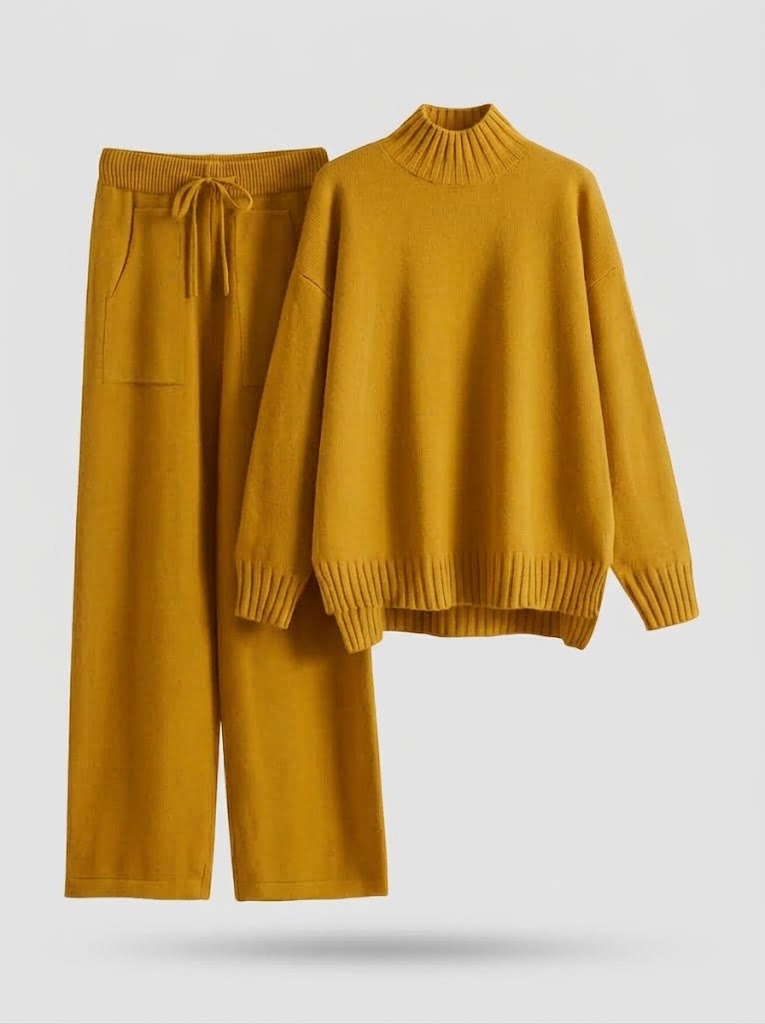 Damen Loungewear-Set aus Strick mit Rollkragenpullover & weiter Hose in Blau