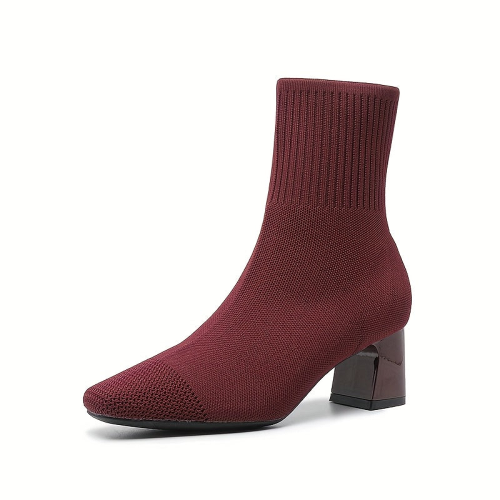 Damen Strick-Stiefelette mit Blockabsatz & spitzer Zehenpartie