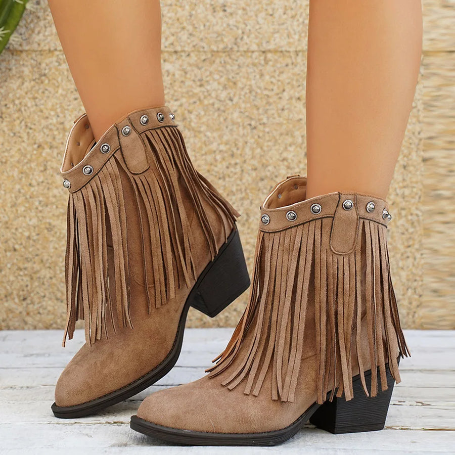 Western Stiefeletten Damen mit Fransen Spitz Zehe Blockabsatz