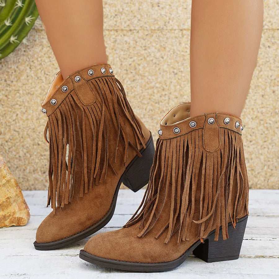 Western Stiefeletten Damen mit Fransen Spitz Zehe Blockabsatz