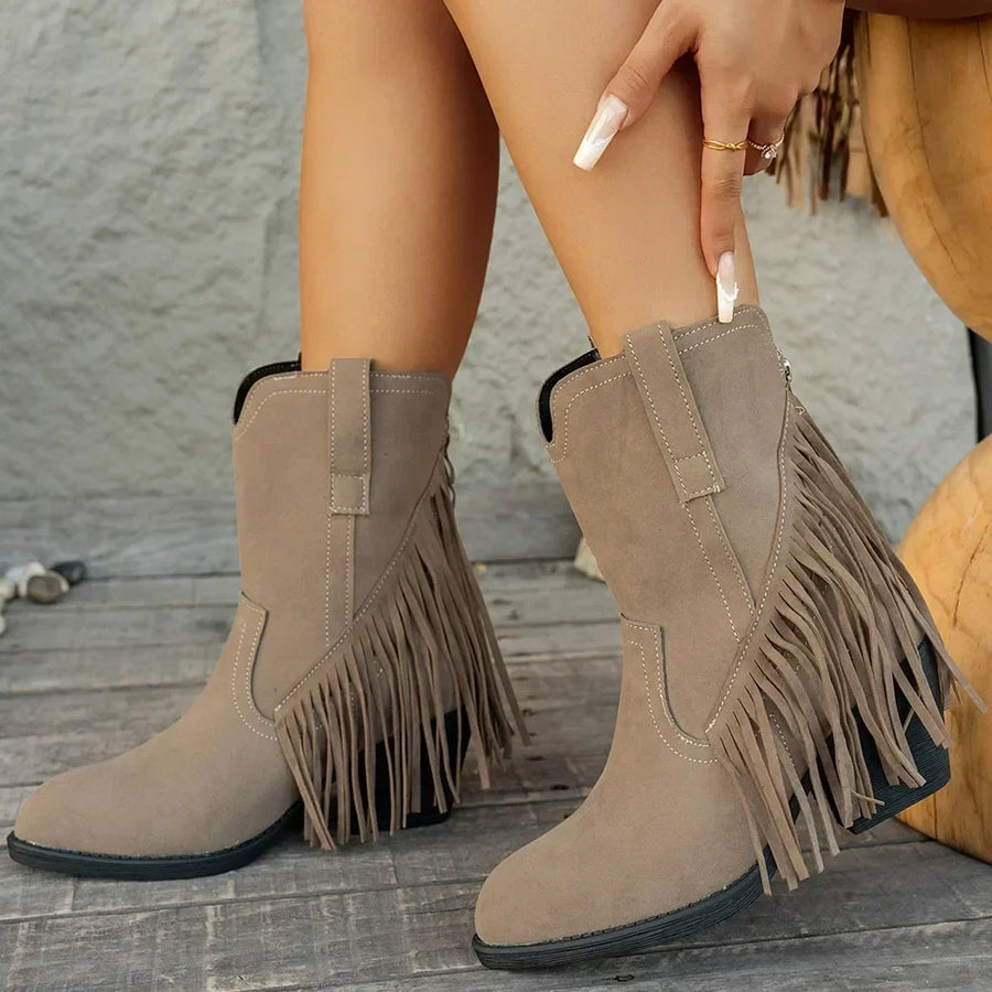 Western Stiefeletten Damen mit Fransen Spitz Zehe Blockabsatz