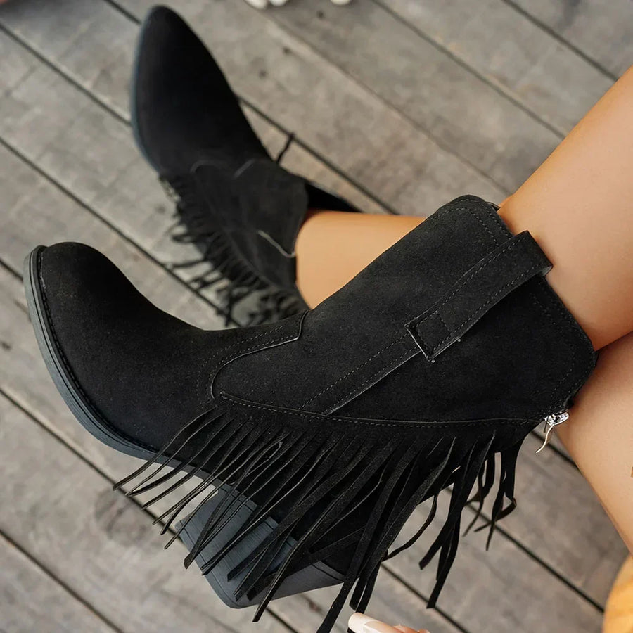 Western Stiefeletten Damen mit Fransen Spitz Zehe Blockabsatz