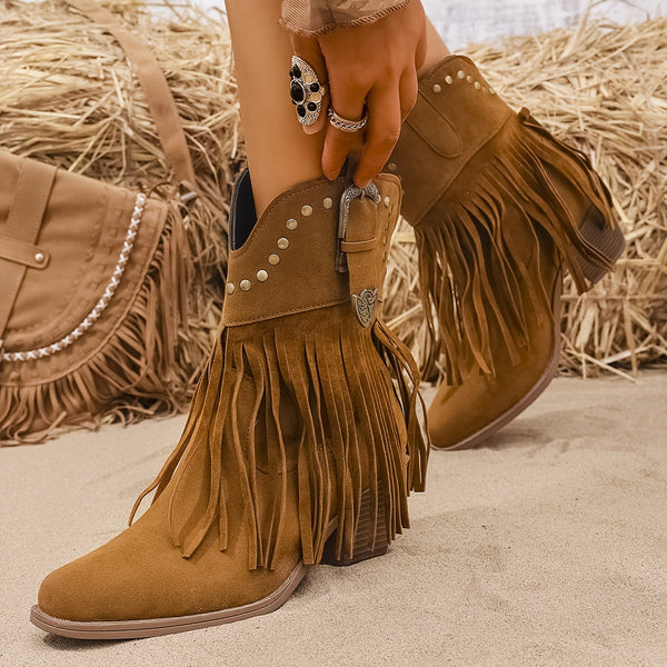 Dameswesternenkellaarsjes met franjes & studs, lichtbruin