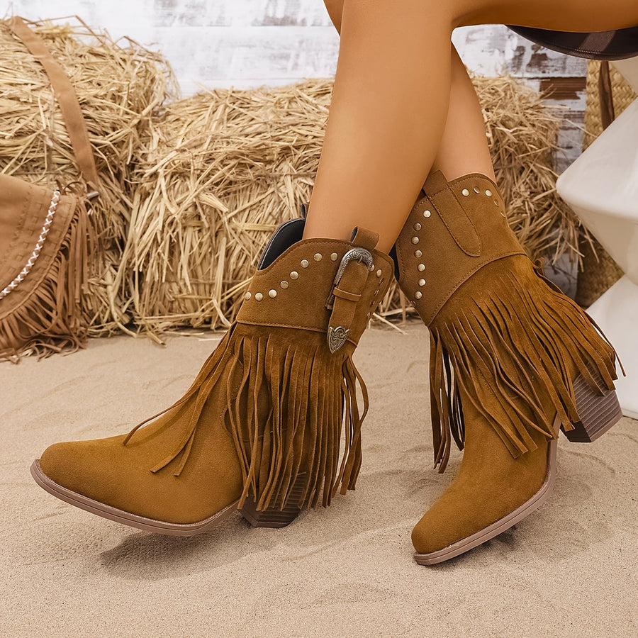 Western Stiefeletten Damen mit Fransen & Nieten, Hellbraun