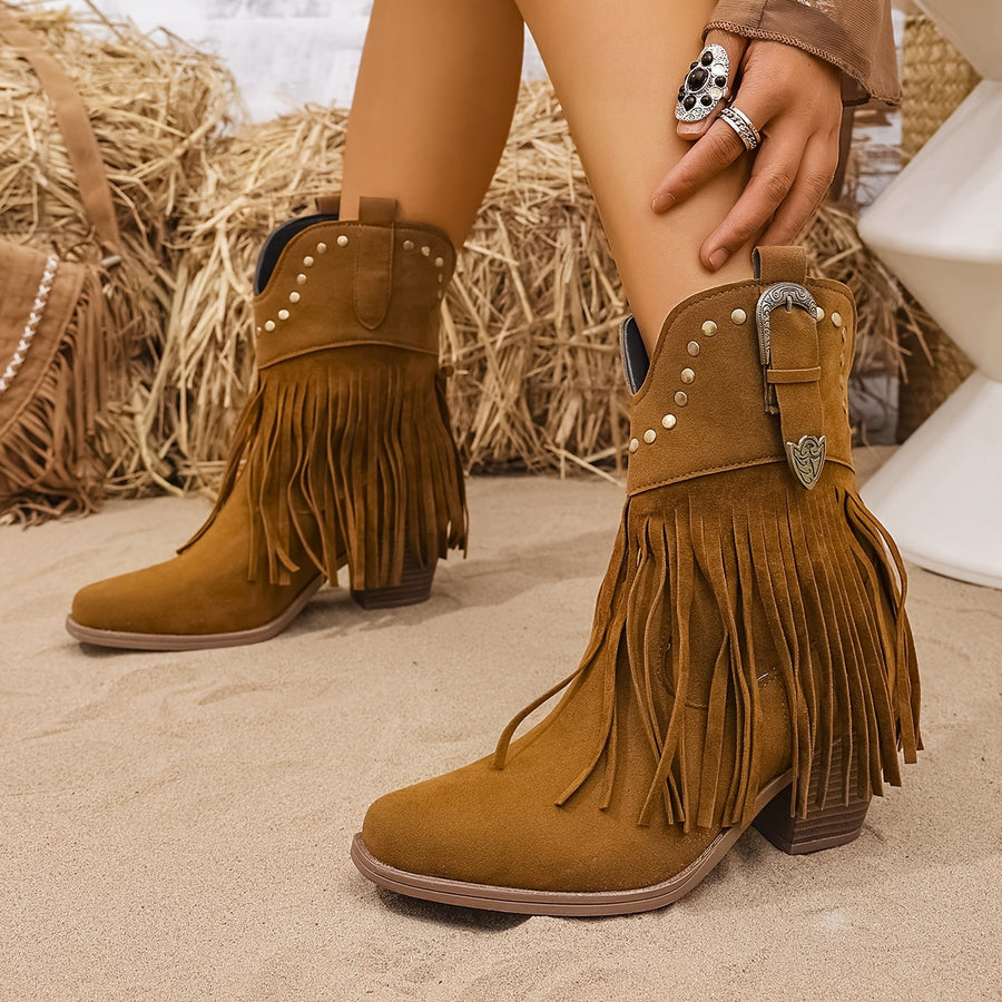 Western Stiefeletten Damen mit Fransen & Nieten, Hellbraun
