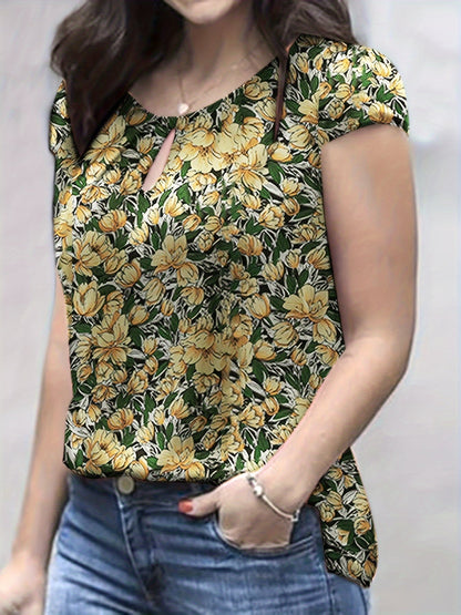 Damen Bluse mit floraler Musterung und kurzen Ärmeln – Eleganter, vielseitiger Style für Büro und Freizeit