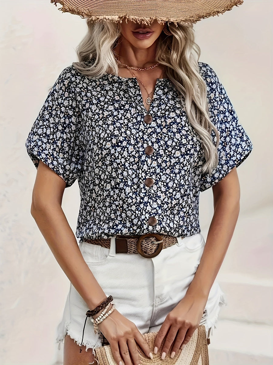 Damen Blusenshirt mit Knopfleiste und Blumenmuster – Sommerlich, Elegant, Freizeit
