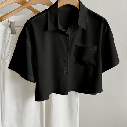 Damen Kurzarm Cropped Hemd im modernen Casual-Stil mit Knopfleiste