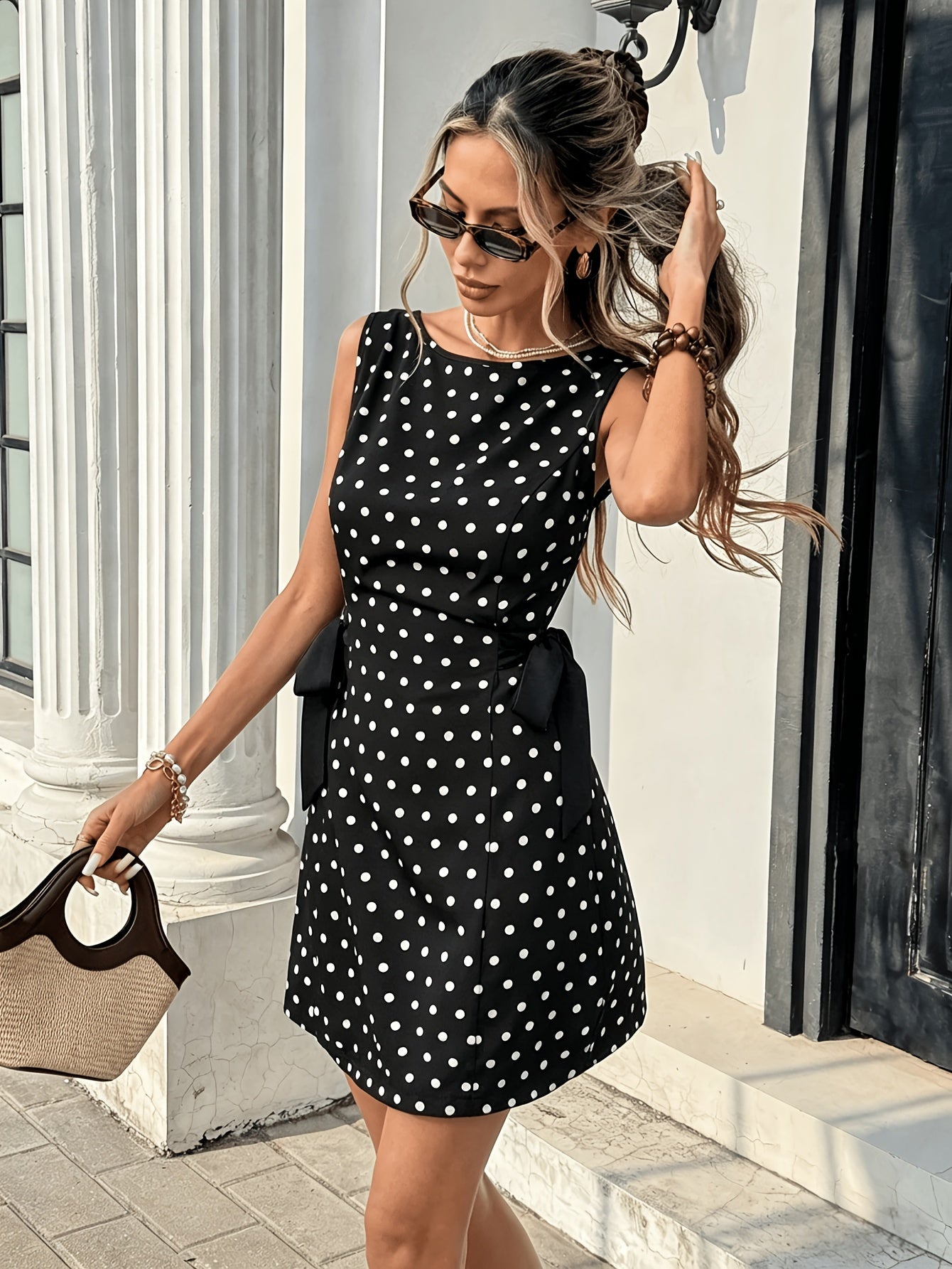 Damen Polka Dot Kleid mit Schleifendetail – Elegantes Minikleid für Events und Alltag