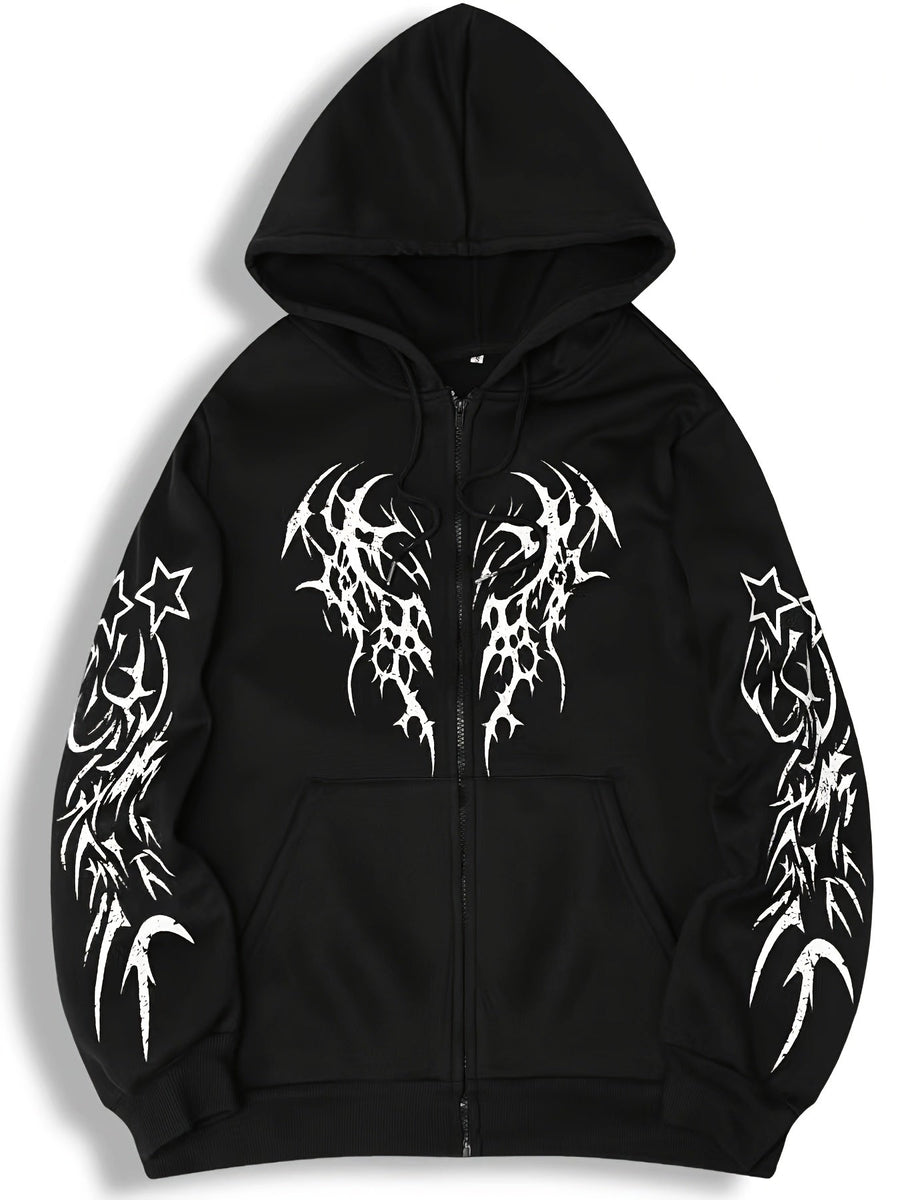 Hoodie mit Reißverschluss, Kapuze und Tribal-Flügel-Print für Unisex