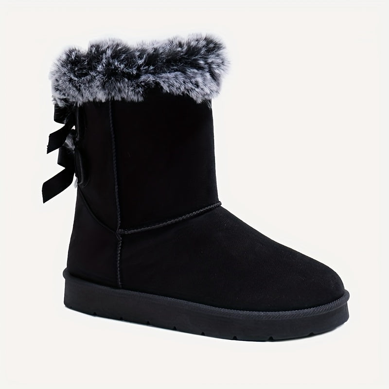 Damen Winterstiefel Wildleder-Optik mit Kunstfellrand und Schleifenverzierung Braun