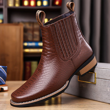 Herren Chelsea Boots mit Kroko-Muster, quadratischer Zehenkappe, Schwarz