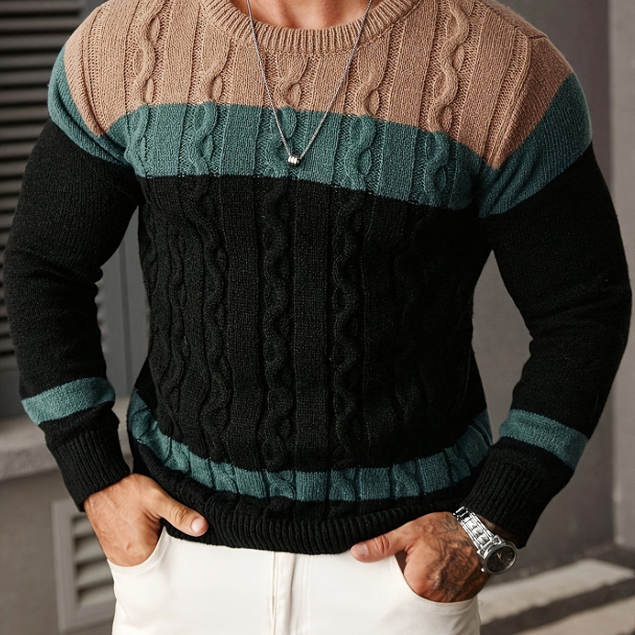 Herren Strickpullover Rundhals Zopfmuster Mehrfarbig Gestreift