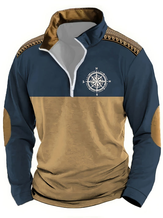 Herren Halb-Reißverschluss Pullover mit Kompass-Motiv, Kragen & Ellenbogen-Patches, Zweifarbig