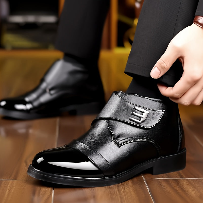 Herren Stiefeletten Schwarz Glänzende Spitze Flacher Absatz Klettverschluss