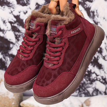 Damen Winter Stiefelette gefüttert mit Leopardenmuster, Schnürung und dicker Sohle