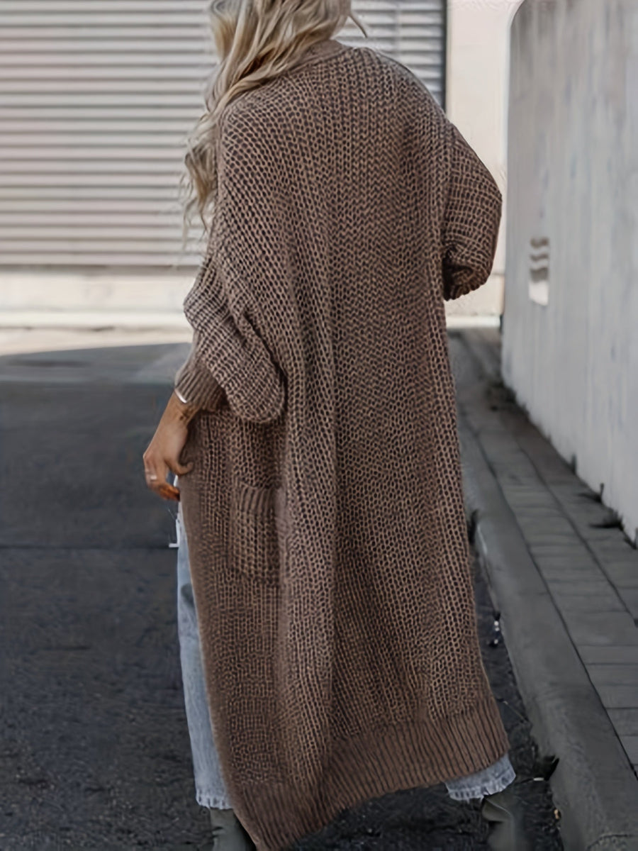 Damen Grobstrick Cardigan Lang Offen Strickjacke mit Taschen