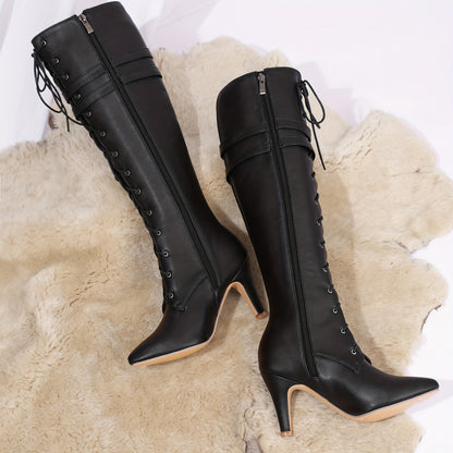 Damen Stiefel Schwarz mit Schnürung, hohem Absatz und Schnallen