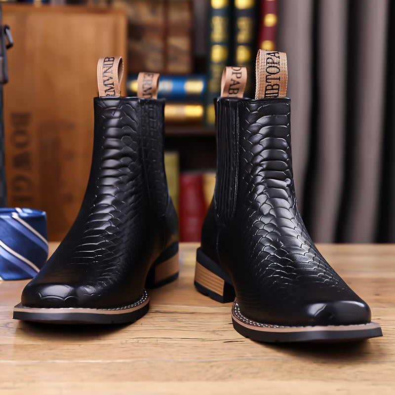 Herren Chelsea Boots mit Kroko-Muster, quadratischer Zehenkappe, Schwarz