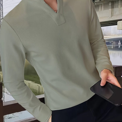 Herren Langarmshirt Henley Kragen Rippstruktur V-Ausschnitt Freizeit Business