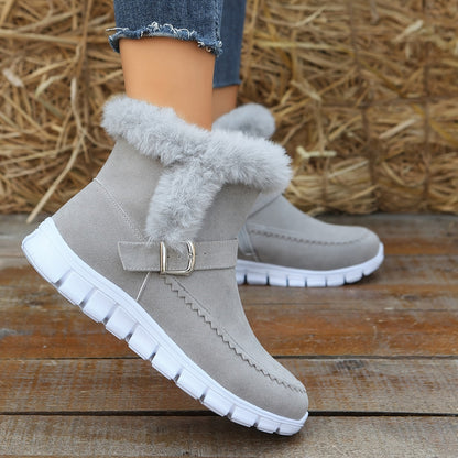 Damen Winterstiefeletten mit Kunstfellbesatz, flache Sohle, Schnallendetail