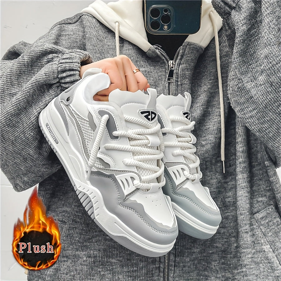 Sneaker mit Plüschfutter in Grau-Weiß, klobige Sohle, Schnürung