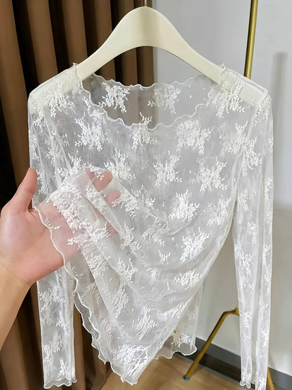 Damen Langarm Mesh-Top mit floraler Stickerei und femininen Details – Elegantes Statement für besondere Anlässe