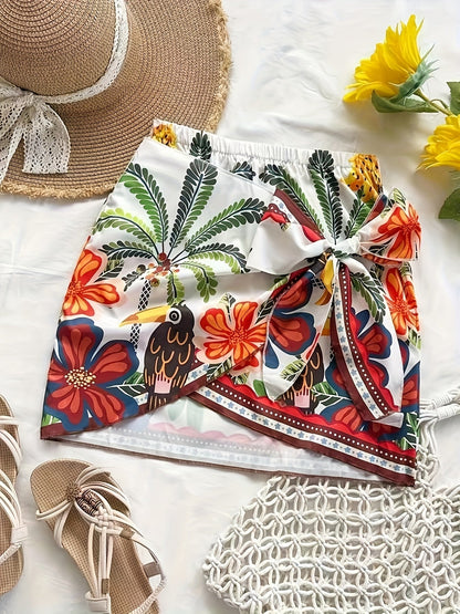 Damen Mini Wickelrock mit tropischem Print und Schleife – Urlaub Strandmode