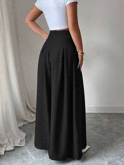 Damen Weite High-Waist-Hose mit Knopfdetails und Eleganten Falten – Modische Business & Freizeit Wide Leg Pants