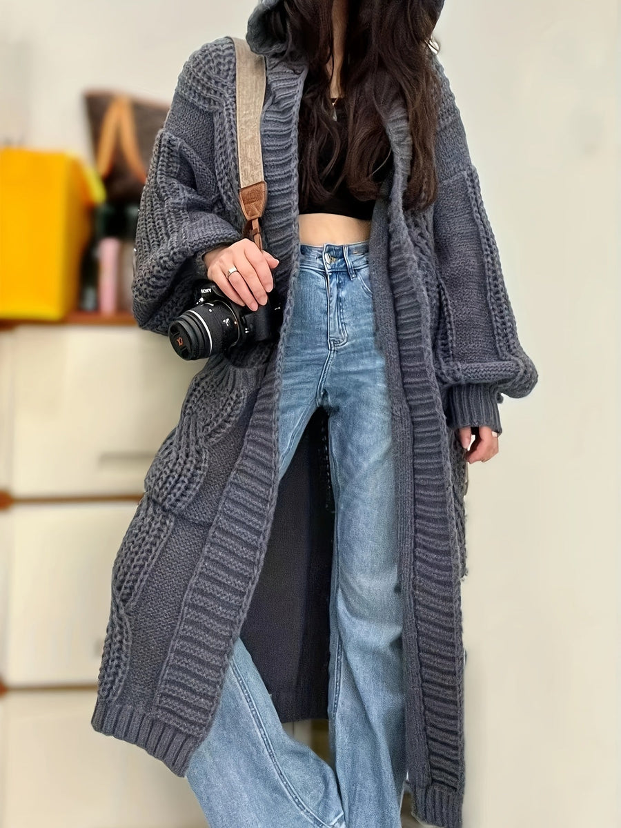 Damen Strickmantel Lang mit Kapuze Zopfmuster Strickjacke Grau