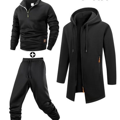 Herren 3-teiliger Trainingsanzug Set mit Kapuzenmantel, Pullover und Hose